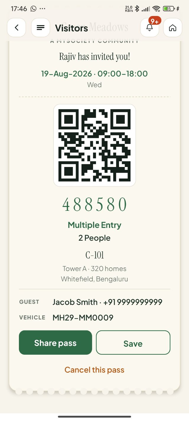 Zwangu visitor gate pass — QR code, six-digit code, guest and vehicle details