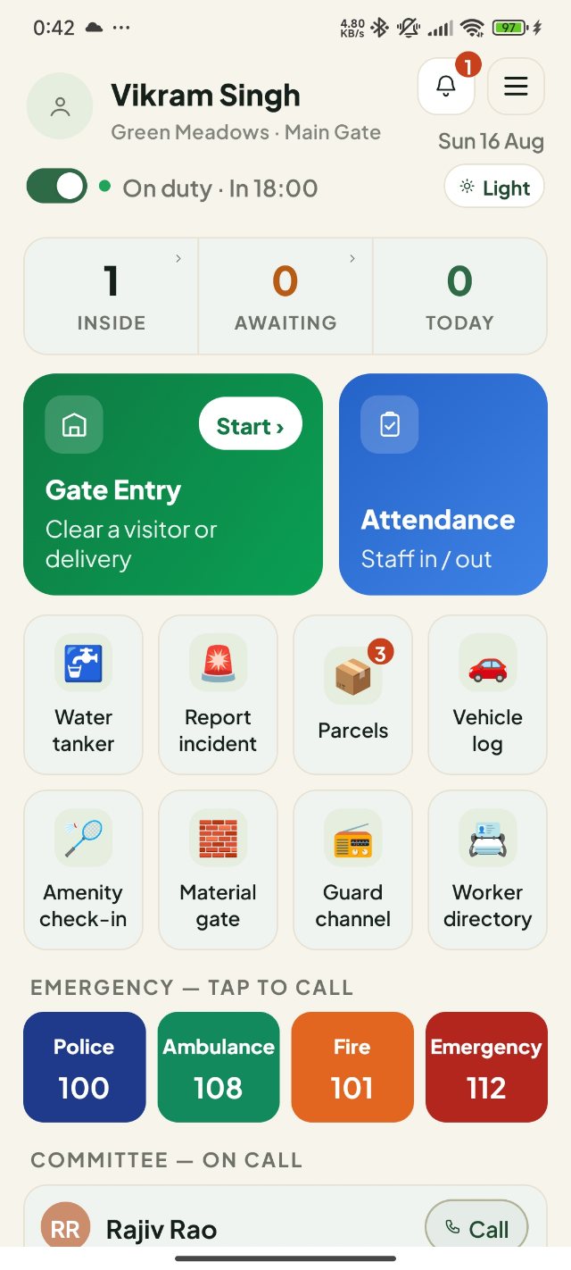 Zwangu guard console, light theme — gate entry, attendance and emergency calling