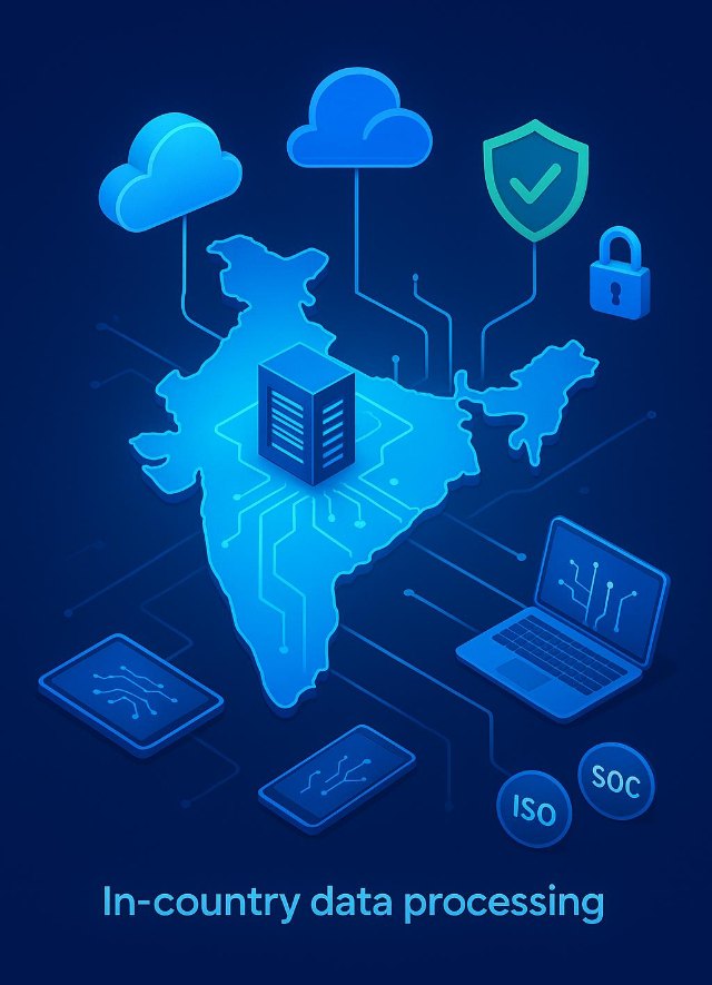 India with an in-country data centre — encrypted cloud, verified shield and padlock, ISO and SOC marks