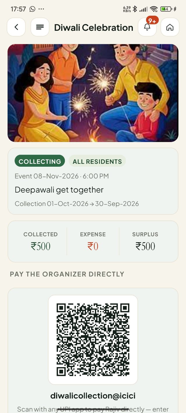 Diwali celebration collection in Zwangu — collected, expense and surplus with a UPI QR to pay the organiser