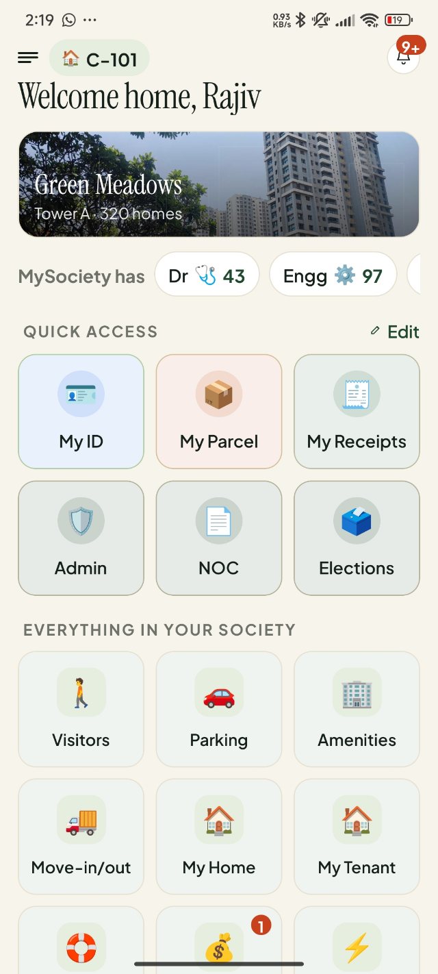 Zwangu resident home screen showing the society's own photograph, name and quick-access tiles